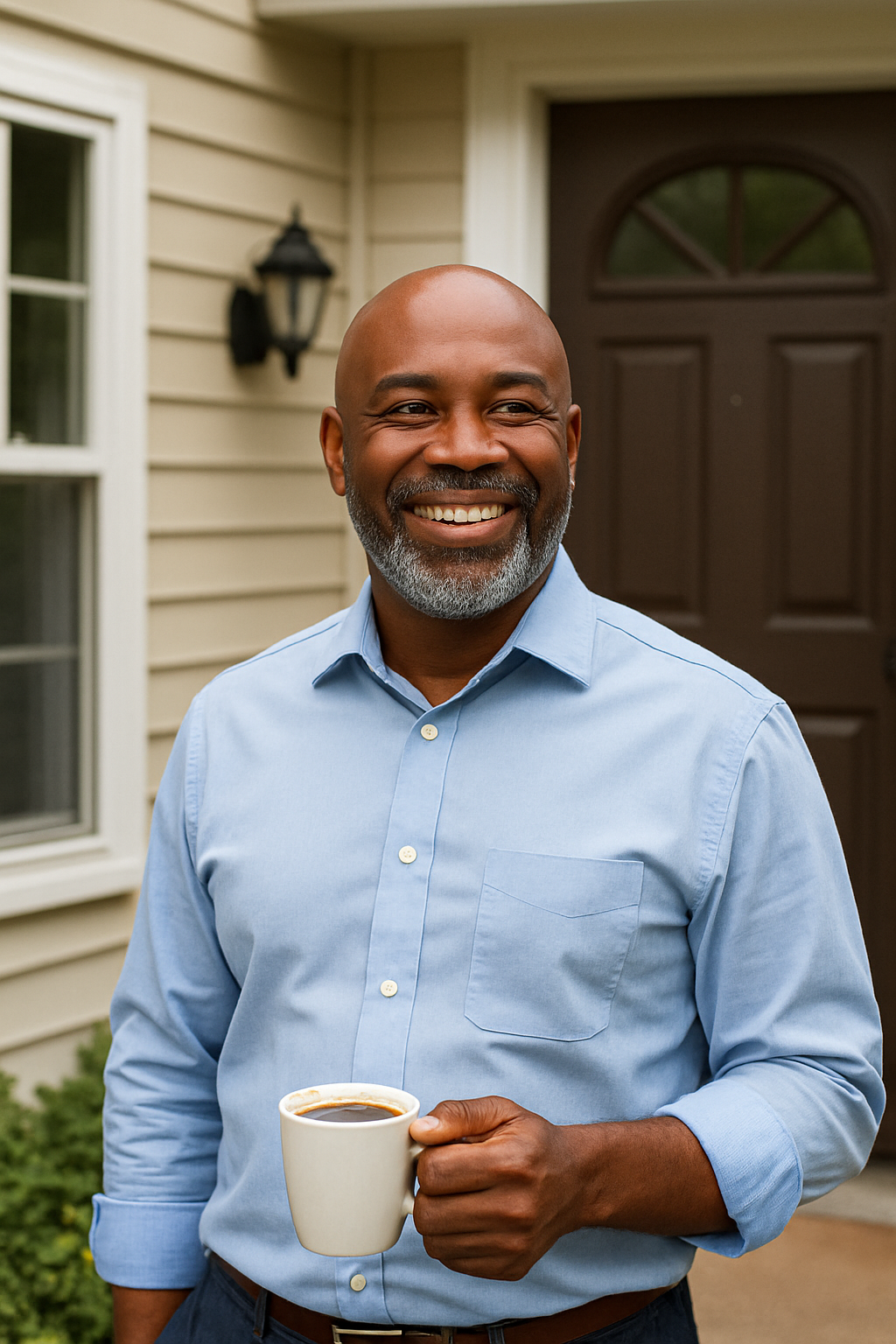 Happy homeowner holding a coffee mug in front of their home
